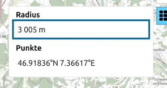 Die Punktliste eines kreisförmigen Reichweitenrings in map.army mit markiertem Feld Radius, Wert 3 005 m
