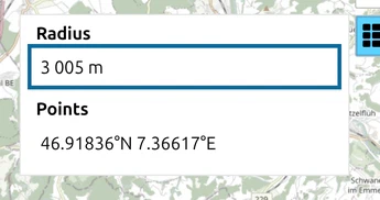 The Point List of a circular range fan in map.army with the Radius field marked, showing 3 005 m