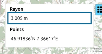 La liste des points d'un anneau de portée circulaire dans map.army, champ Rayon repéré, valeur 3 005 m