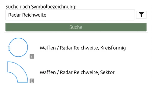 MSS-Symbolsuche in map.army nach 'Radar Reichweite' mit Waffen / Radar Reichweite, Kreisförmig und Sektor