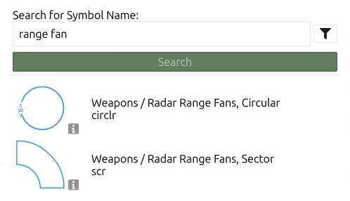 MSS Symbol Search for 'range fan' in map.army, listing Weapons / Radar Range Fans, Circular and Sector
