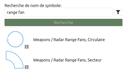 MSS Symbol Search dans map.army pour 'range fan', avec Weapons / Radar Range Fans, Circulaire et Secteur