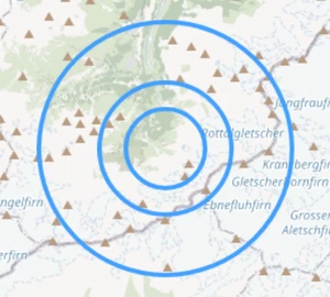 Three concentric range rings of increasing radius centred on one point on the map.army map