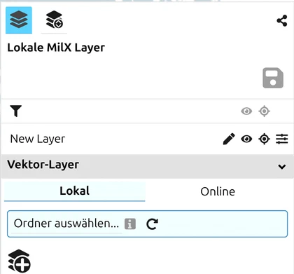 map.army-Layer-Panel, Vektor-Layer - Lokal, bereit zum Auswählen eines Ordners und Importieren einer KML-Datei