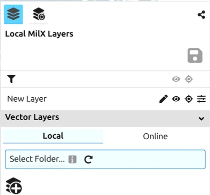 map.army Layers panel, Vector Layers - Local tab, ready to select a folder and import a KML file