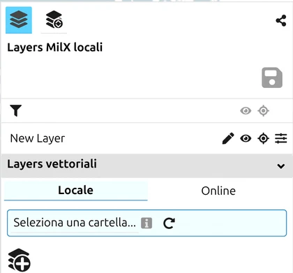 Pannello Livelli di map.army, Livelli vettoriali - Locale, pronto per selezionare una cartella e importare un file KML