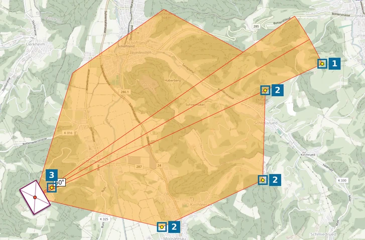 A selected safety distance zone on the map.army map with its drag handles, numbered 1 to 3