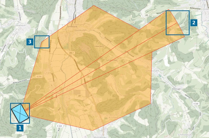 A safety distance zone on the map.army map: firing position, impact sector and ricochet wings, numbered 1 to 3