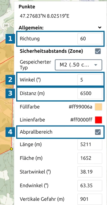 map.army-Punktliste: 'Richtung' über 'Sicherheitsabstandszone', 'Abprallbereich' aktiviert, nummeriert 1 bis 4