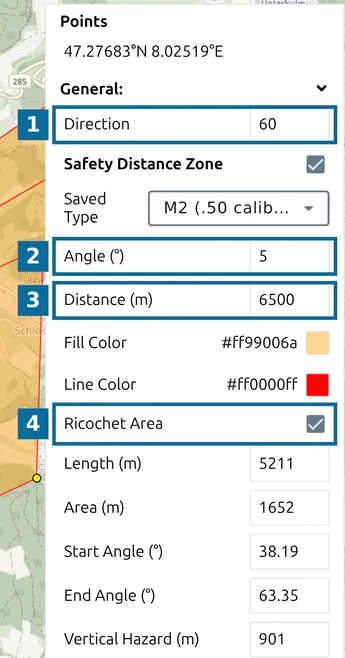 The map.army Point List with 'Direction' above the 'Safety Distance Zone' controls and 'Ricochet Area' ticked, marked 1 to 4