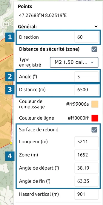 Liste des points : 'Direction' au-dessus de 'Distance de sécurité (zone)', 'Surface de rebond' cochée, repères 1 à 4