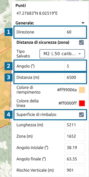 Elenco dei punti di map.army: 'Direzione' sopra 'Distanza di sicurezza (zona)', 'Superficie di rimbalzo' spuntata, numeri 1-4