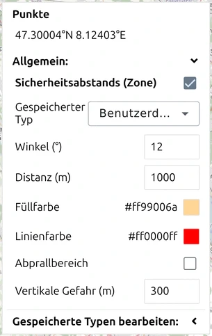 Die Sicherheitsabstands (Zone)-Bedienelemente in der map.army-Punktliste, mit 'Winkel', 'Distanz' und 'Vertikale Gefahr'