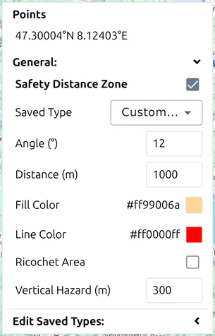 The Safety Distance Zone controls in the map.army Point List, with 'Angle', 'Distance' and 'Vertical Hazard'