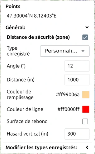 Les réglages de 'Distance de sécurité (zone)' dans map.army, avec 'Angle', 'Distance' et 'Hasard vertical'