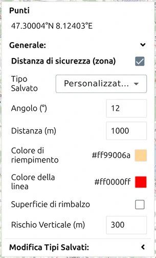 I controlli di 'Distanza di sicurezza (zona)' nell'Elenco punti di map.army, con 'Angolo', 'Distanza' e 'Rischio Verticale'