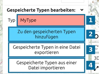 'Gespeicherte Typen bearbeiten' in der map.army-Punktliste: Feld Typ, Hinzufügen, Export und Import, nummeriert 1 bis 4
