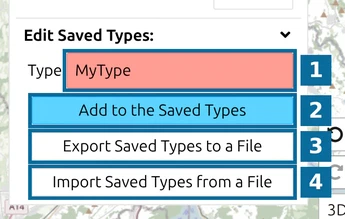 Edit Saved Types in the map.army Point List: Type name field, Add, Export and Import buttons marked 1 to 4