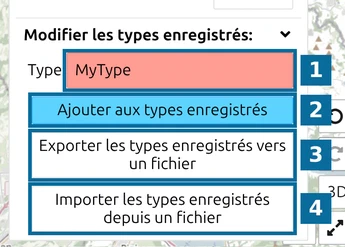 'Modifier les types enregistrés' dans la liste des points de map.army : champ Type, Ajouter, Exporter, Importer (1 à 4)