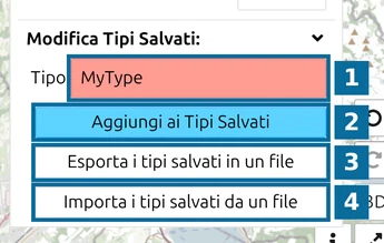 'Modifica Tipi Salvati' nell'Elenco dei punti di map.army: campo Tipo, Aggiungi, Esporta e Importa, numerati da 1 a 4