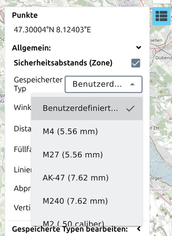 Die geöffnete Liste 'Gespeicherter Typ' in map.army mit 'Benutzerdefiniert...' und den fünf eingebauten Waffentypen