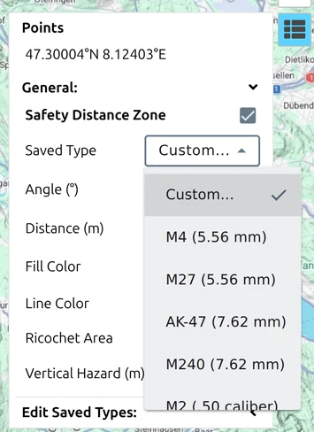 The 'Saved Type' list open in map.army, showing 'Custom...' and the five built-in weapon types