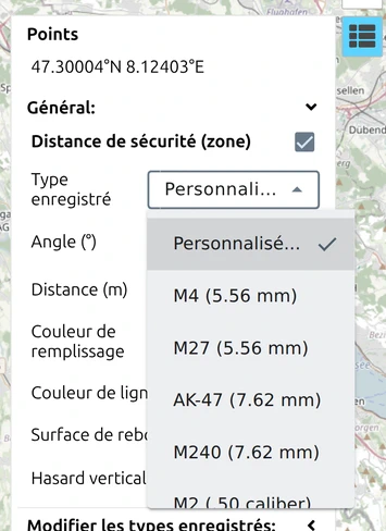 La liste 'Type enregistré' ouverte dans map.army, montrant 'Personnalisé...' et les cinq types d'armes intégrés