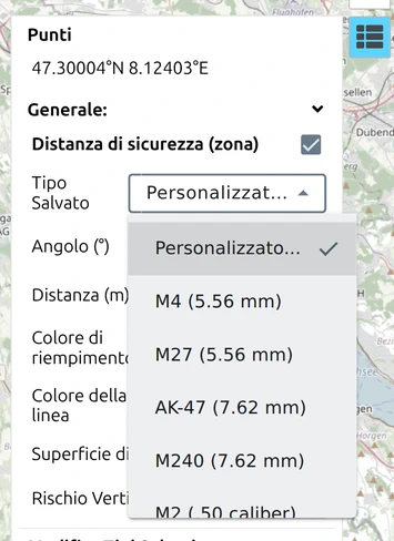 L'elenco 'Tipo Salvato' aperto in map.army, con 'Personalizzato...' e i cinque tipi di arma integrati