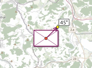 Unité sélectionnée dans map.army avec sa ligne de direction, la poignée jaune à l'extrémité et l'affichage '45°'