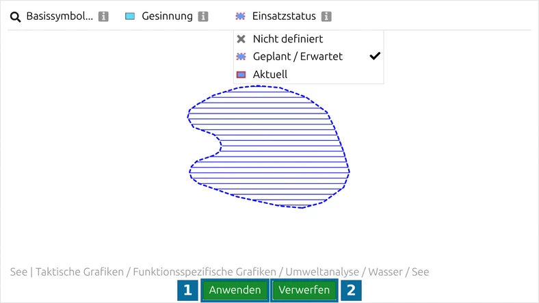 Symboleditor nach einer Änderung: 'Anwenden' (1) und 'Verwerfen' (2) sind aktiv, die Kontur ist gestrichelt