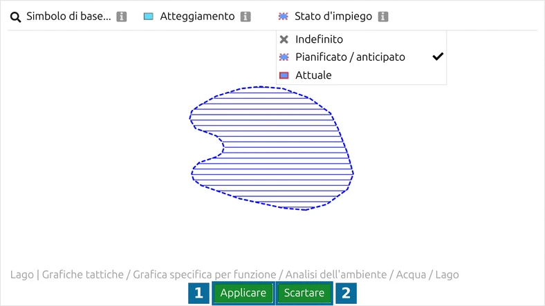 Editor dei simboli dopo una modifica: 'Applicare' (1) e 'Scartare' (2) sono attivi, il contorno è tratteggiato