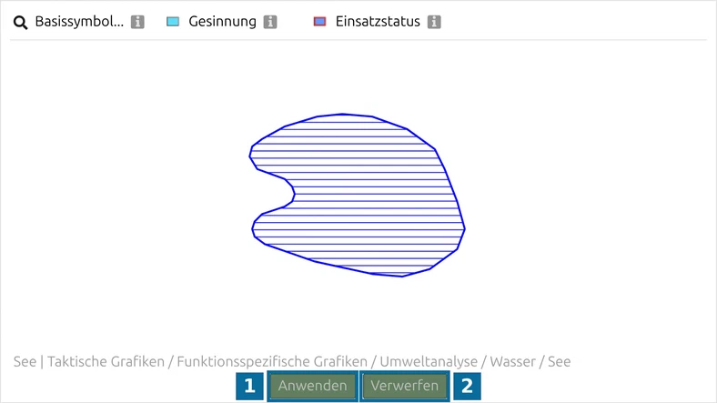 Symboleditor mit ausgewählter Fläche: 'Anwenden' (1) und 'Verwerfen' (2) sind ausgegraut