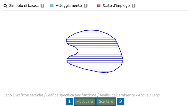 Editor dei simboli con un'area selezionata: 'Applicare' (1) e 'Scartare' (2) sono disattivati
