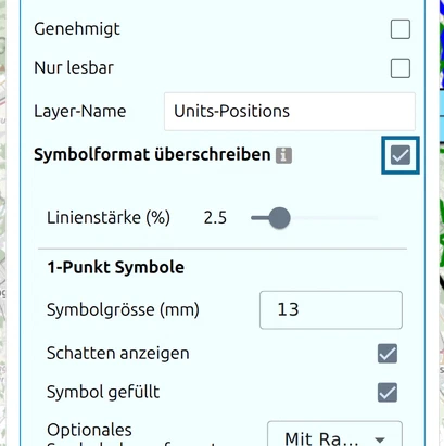 Layer-Einstellungen mit angehaktem 'Symbolformat überschreiben': Darunter erscheinen die Symboloptionen