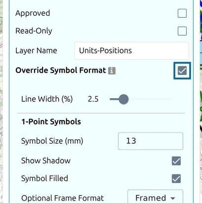 Layer Settings with 'Override Symbol Format' ticked: the symbol options (Line Width, 1-Point Symbols) appear below