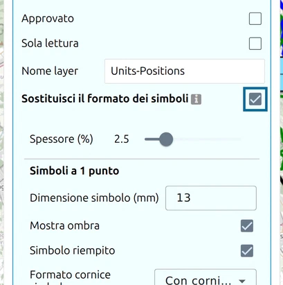Impostazioni del layer con 'Sostituisci il formato dei simboli' spuntato: sotto compaiono le opzioni dei simboli