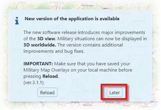 Message de mise à jour du Military Symbol Generator [map.army]. Sélectionner Reload.