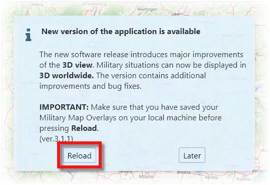 Message de mise à jour du Military Symbol Generator [map.army]. Sélectionner Reload.