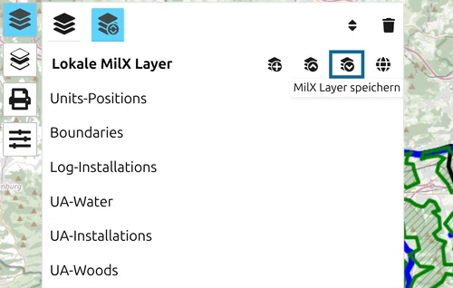 Schaltfläche 'MilX Layer speichern' im map.army-Layer-Manager hervorgehoben