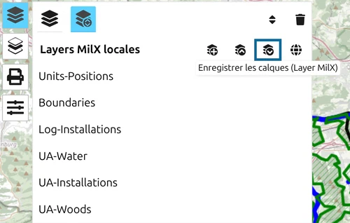 Bouton 'Enregistrer sous MilX' mis en évidence dans le gestionnaire de calques map.army