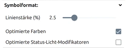 Symbolformat in den map.army-Optionen: Linienstärke, Optimierte Farben, Optimierte Grösse der Status-Licht-Modifikatoren