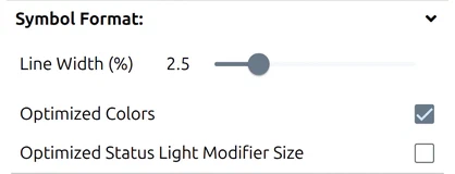 Symbol Format group in the map.army Options: Line Width, Optimized Colors, Optimized Status Light Modifier Size