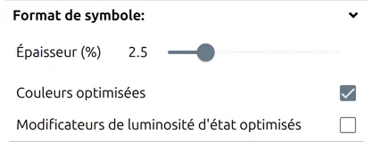 Groupe Format de symbole dans les Options de map.army : Épaisseur, Couleurs optimisées, Modificateurs d'état optimisés