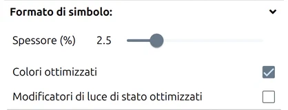 Formato simbolo nelle Opzioni di map.army: Spessore linea, Colori ottimizzati, Modificatori di luce di stato ottimizzati