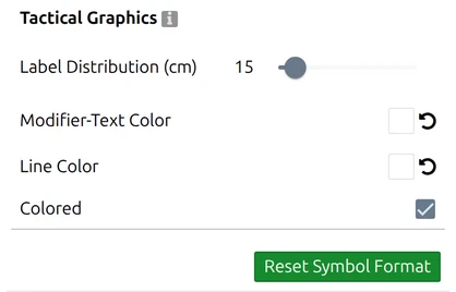 Tactical Graphics group in the map.army Options: Label Distribution, text and line colors, Reset Symbol Format button