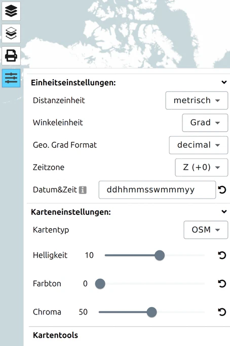 Regler für Helligkeit, Farbton und Chroma unter Karteneinstellungen im Options-Panel von map.army