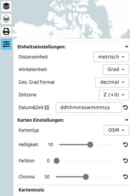 Regler für Helligkeit, Farbton und Chroma unter Karten Einstellungen im Options-Panel von map.army