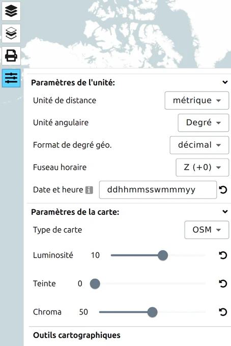 Curseurs Luminosité, Teinte et Chroma sous Paramètres de la carte dans le panneau Options de map.army