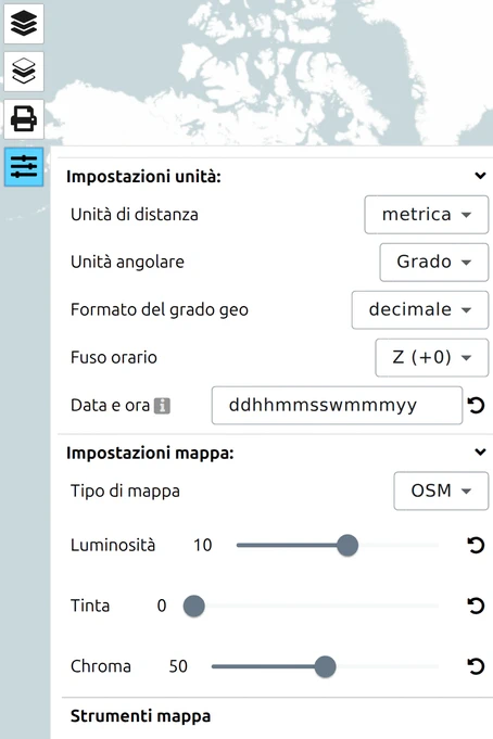 Cursori Luminosità, Tonalità e Chroma sotto Impostazioni mappa nel pannello Opzioni di map.army