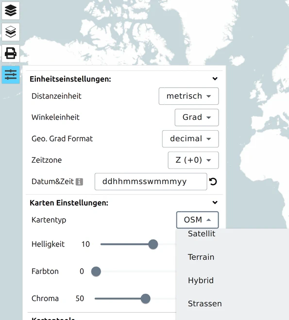 Aufgeklapptes Kartentyp-Dropdown von map.army mit Satellit, Terrain, Hybrid, Strassen, Roadmap und OSM
